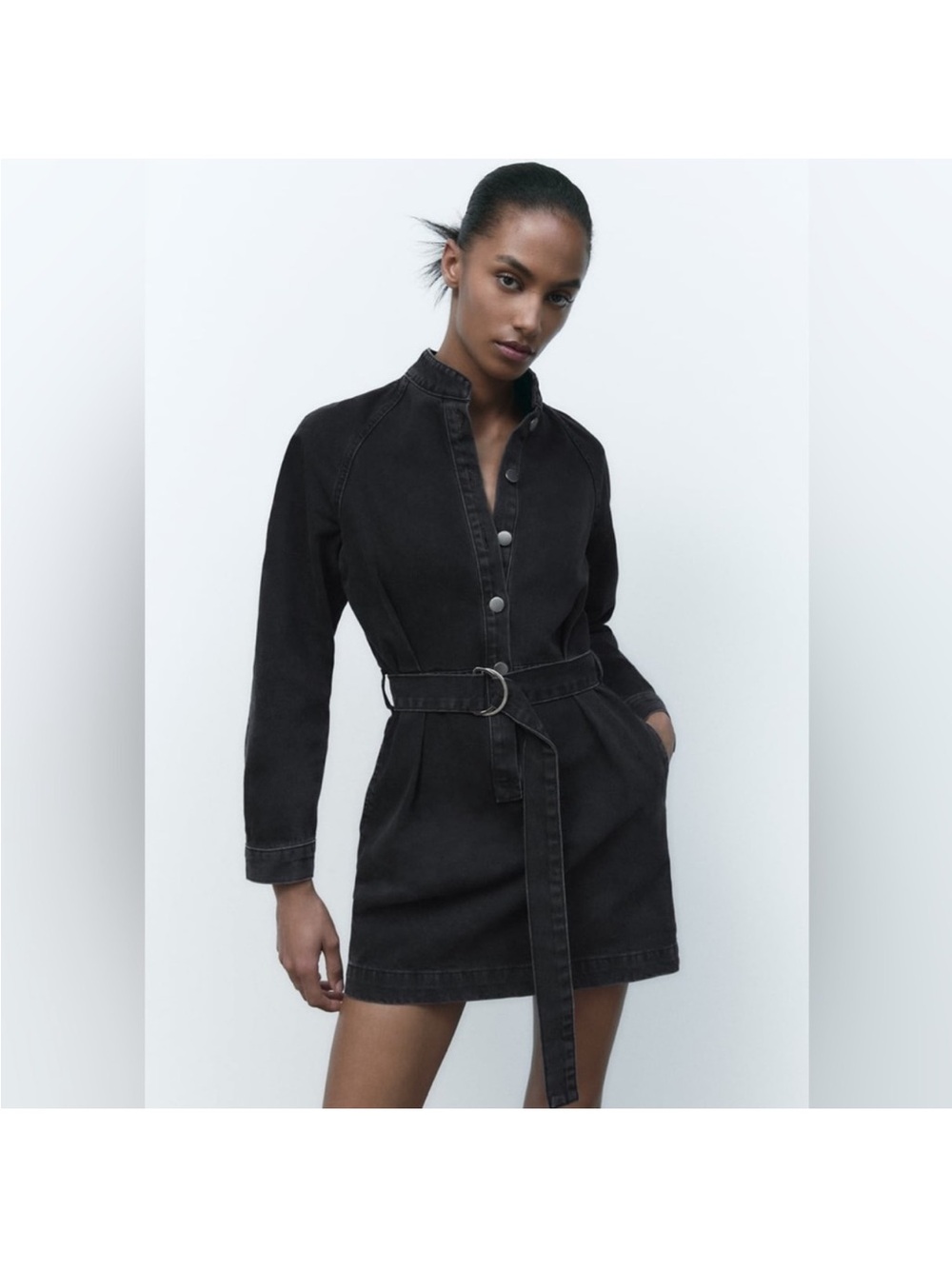 Zara Washed Black Denim Shirt Dress with Snap Placket